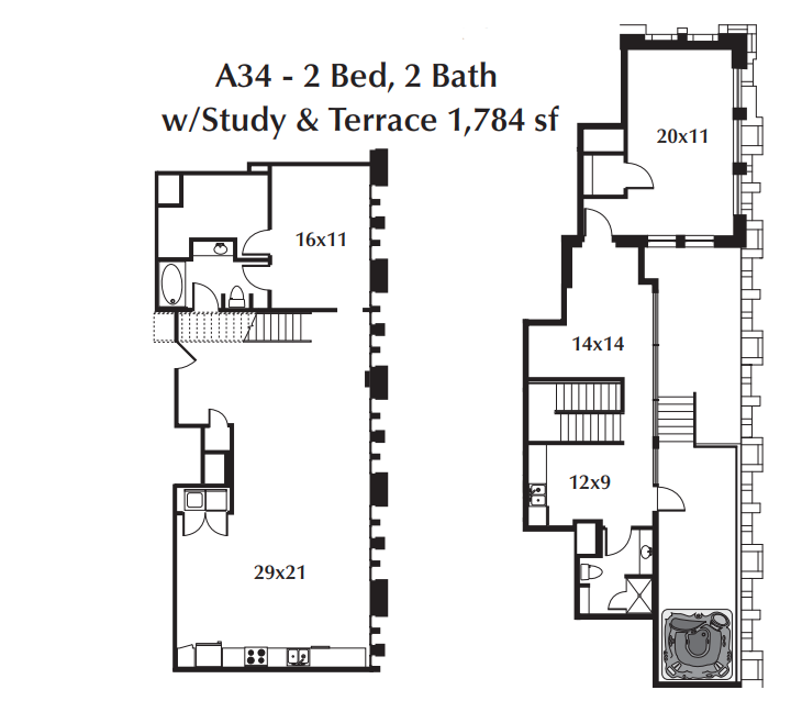 Floor plan for 2 beds, 2 baths, 1784 sqft